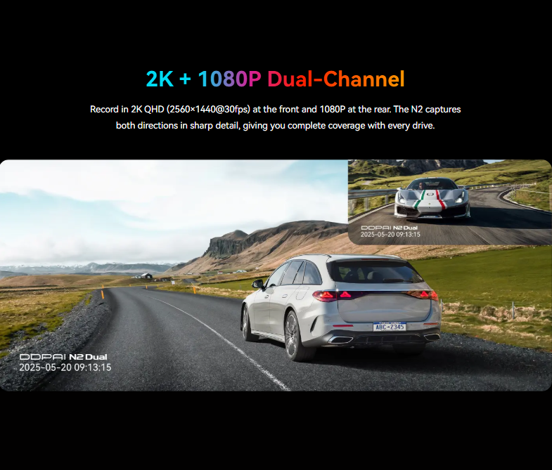 DDPAI N2 Dual: 2K Front & Rear Dash Cam with Night Vision, Wireless Connectivity & Parking Surveillance