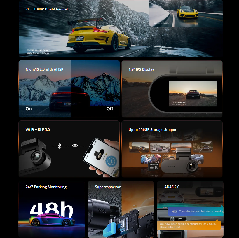 DDPAI N2 Dual: 2K Front & Rear Dash Cam with Night Vision, Wireless Connectivity & Parking Surveillance