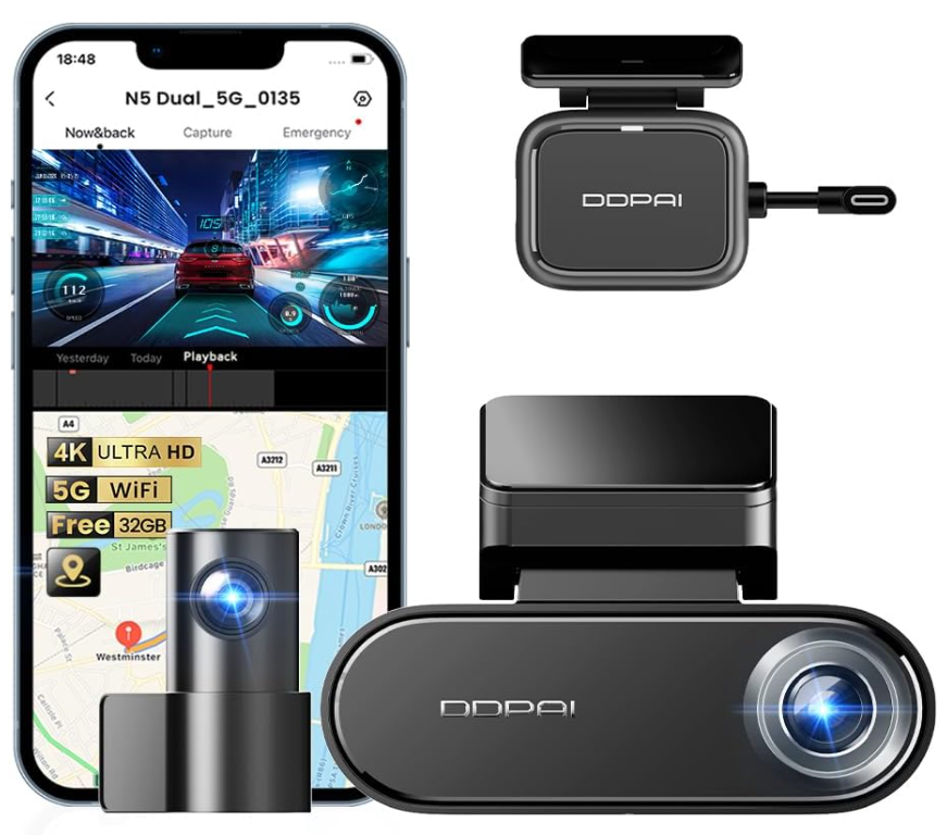 DDPAI N5 Dual: 4K Front & Interior Dash Cam with NightVIS Technology, Super Capacitor, All-Weather Reliability, 24H Parking Surveillance & GPS Tracking
