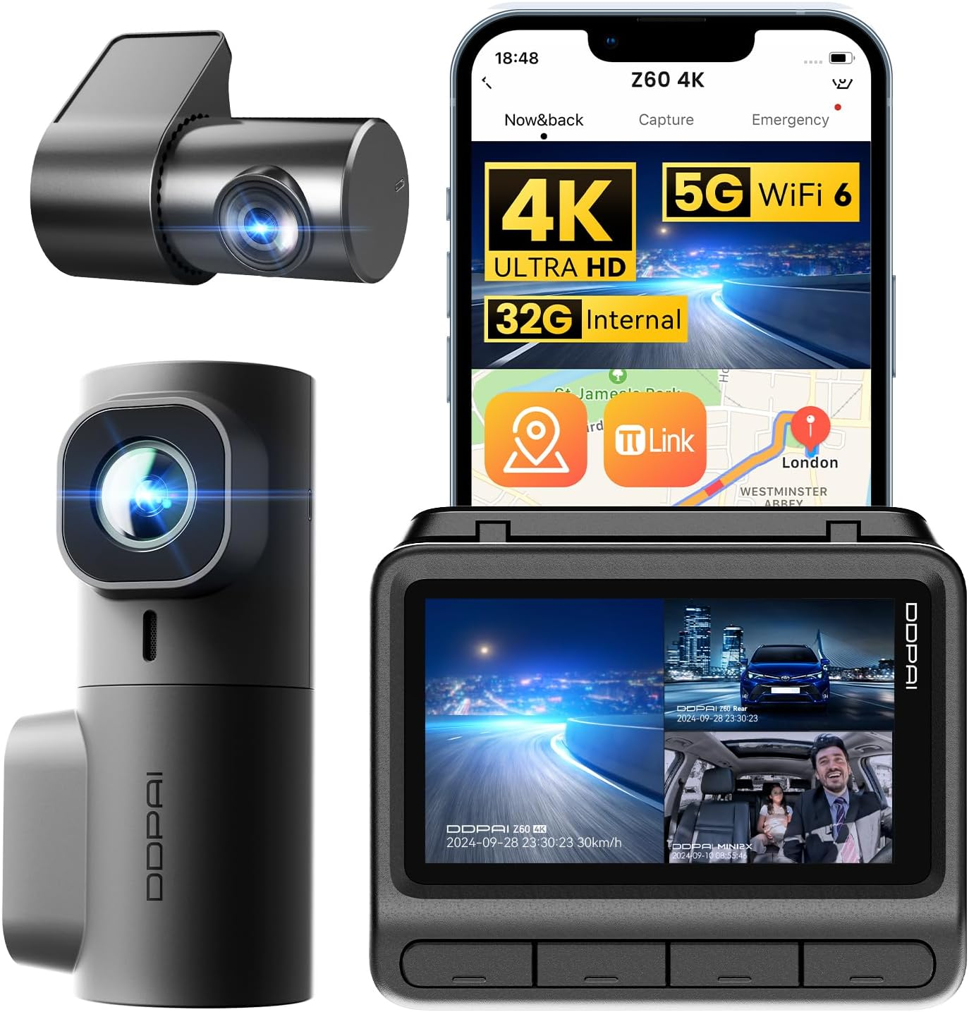 DDPAI Z60 Pro Three Channel Dash Cam | 4K Front + 1080P Interior & Rear, GPS Tracking, Super Night Vision for Total Car Security