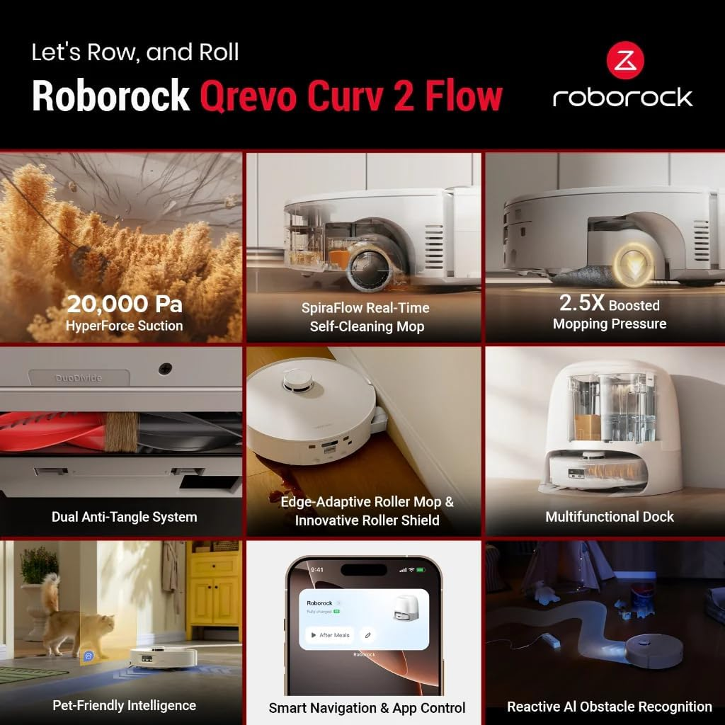 Roborock Qrevo Curv 2 Flow - Pressure Roller Tech with Real-Time Active Water Cleaning & Adaptive Chassis for Corner-to-Corner Perfection