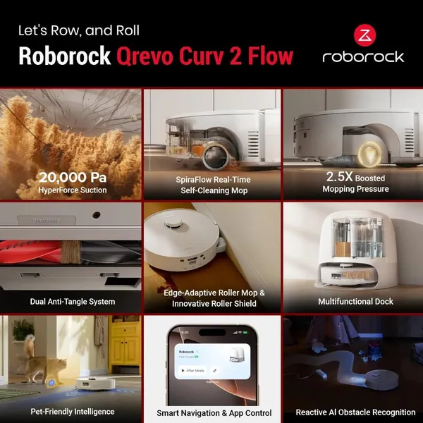 Roborock Qrevo Curv 2 Flow - Pressure Roller Tech with Real-Time Active Water Cleaning & Adaptive Chassis for Corner-to-Corner Perfection