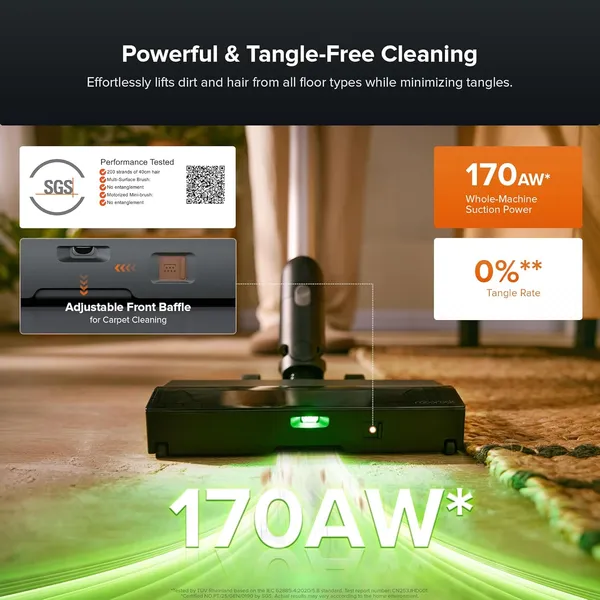 Roborock H60 Hub Pro Cordless Stick Vacuum – 170AW Suction, 3L Auto-Empty Dock & 140° Green Light Detection